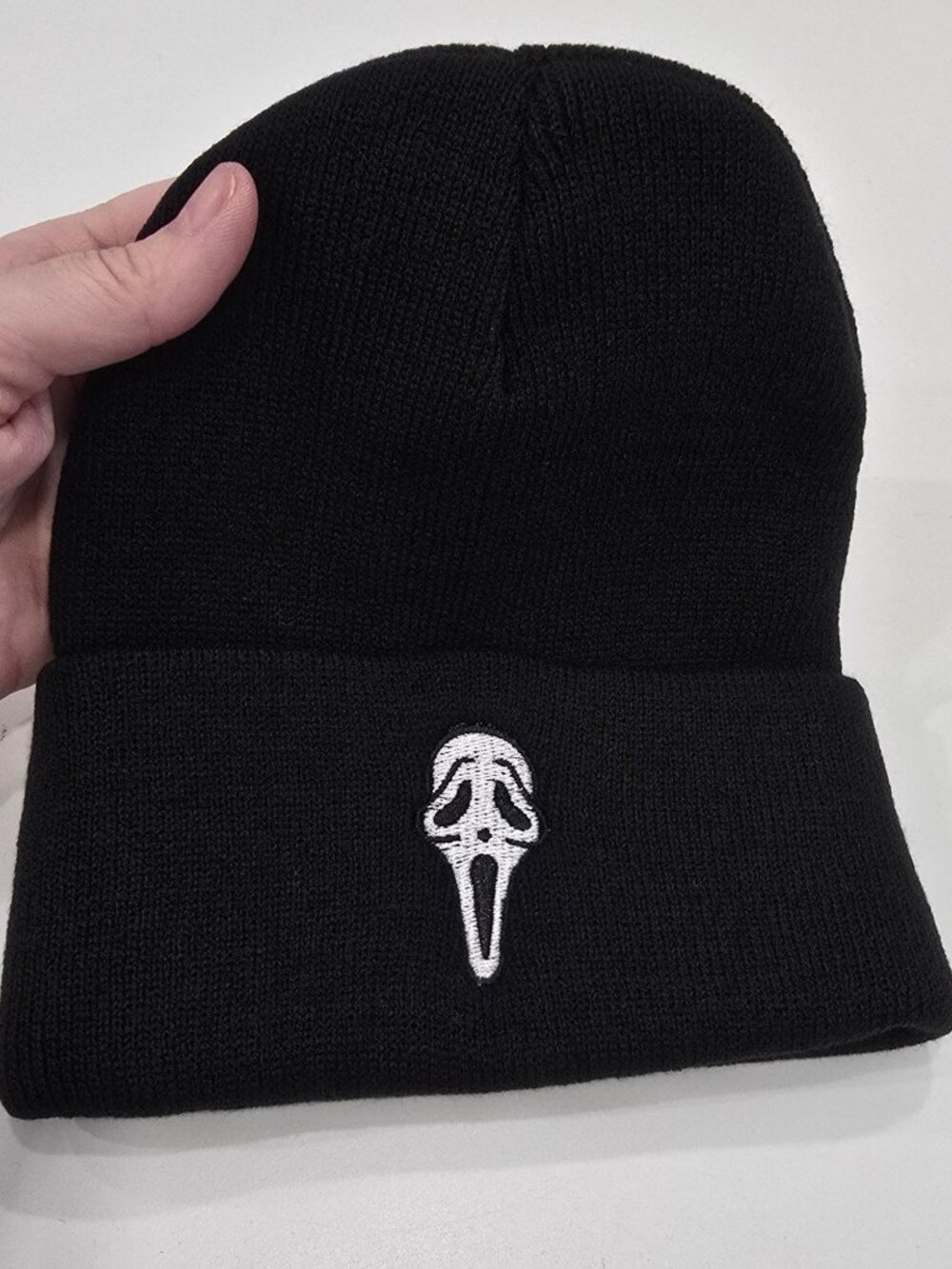 Ghost Face ✦ Black Knit Beanie Embroidered White Mask ✦ Stretch Horror Scream OS - Picture 2 of 7